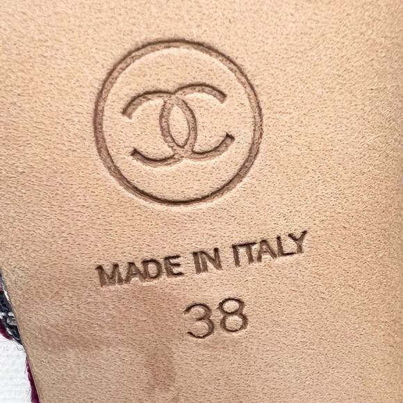 CHANEL Tweed Grosgrain CC Mules EU 38 US 7.5-8 Black Purple Pointed Toe Heels - Picture 14 of 15